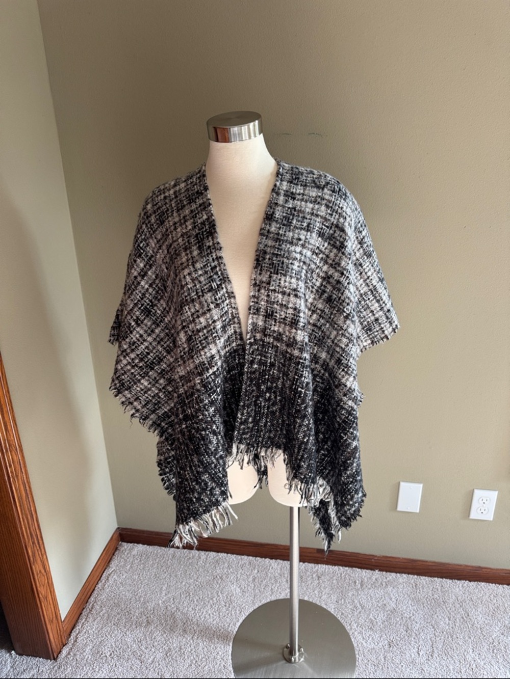 Holly Bracken Black and White Plaid Fringe Poncho Shrug